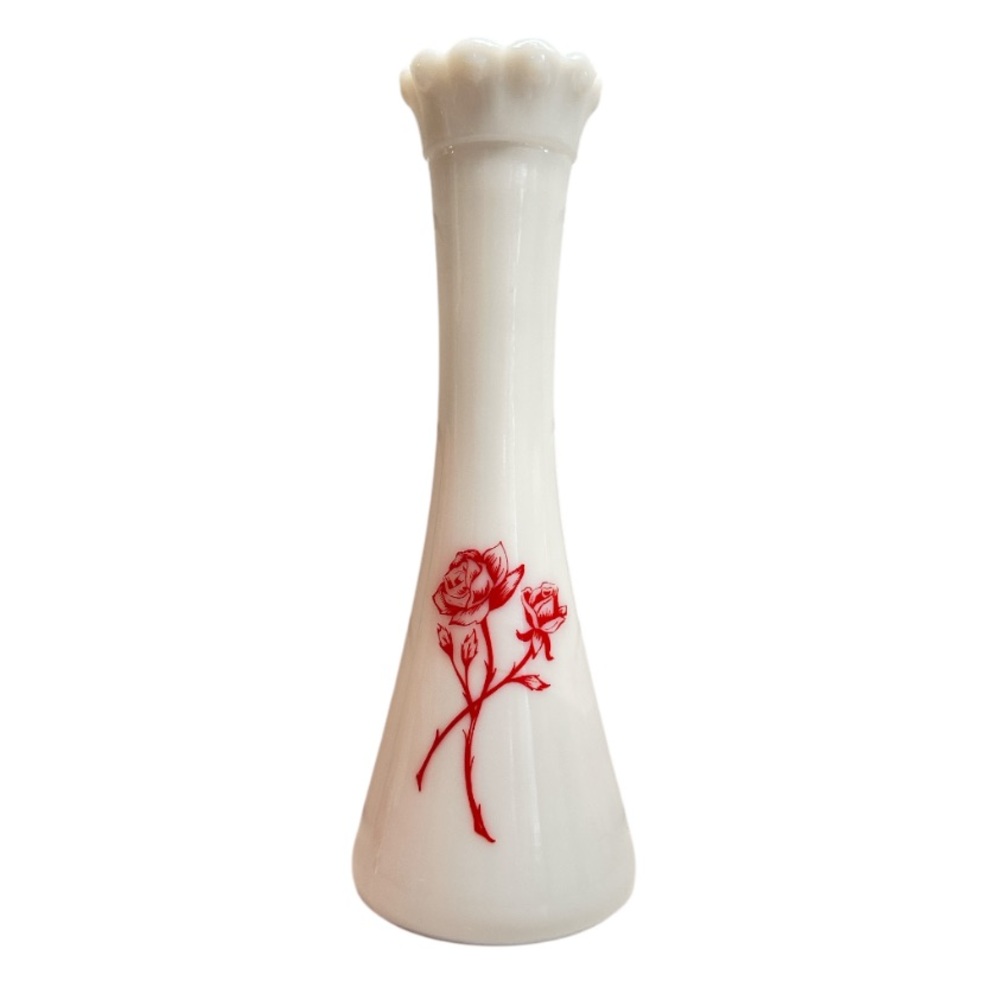 Vintage Milk Glass Flower Bud Vase White With Red Rose Scalloped Edge Top